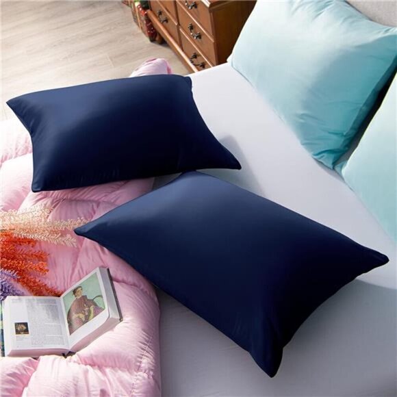 Satin Pillow Cases for Hair and Skin, Luxury Hidden Zipper  Standard , Navy Blue - Picture 5 of 6
